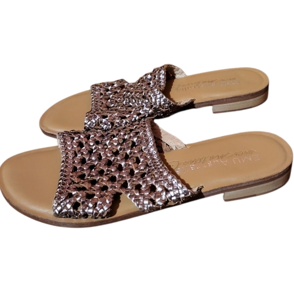 Emu Australia Leather Metallic Silver Woven Sandals Size 7